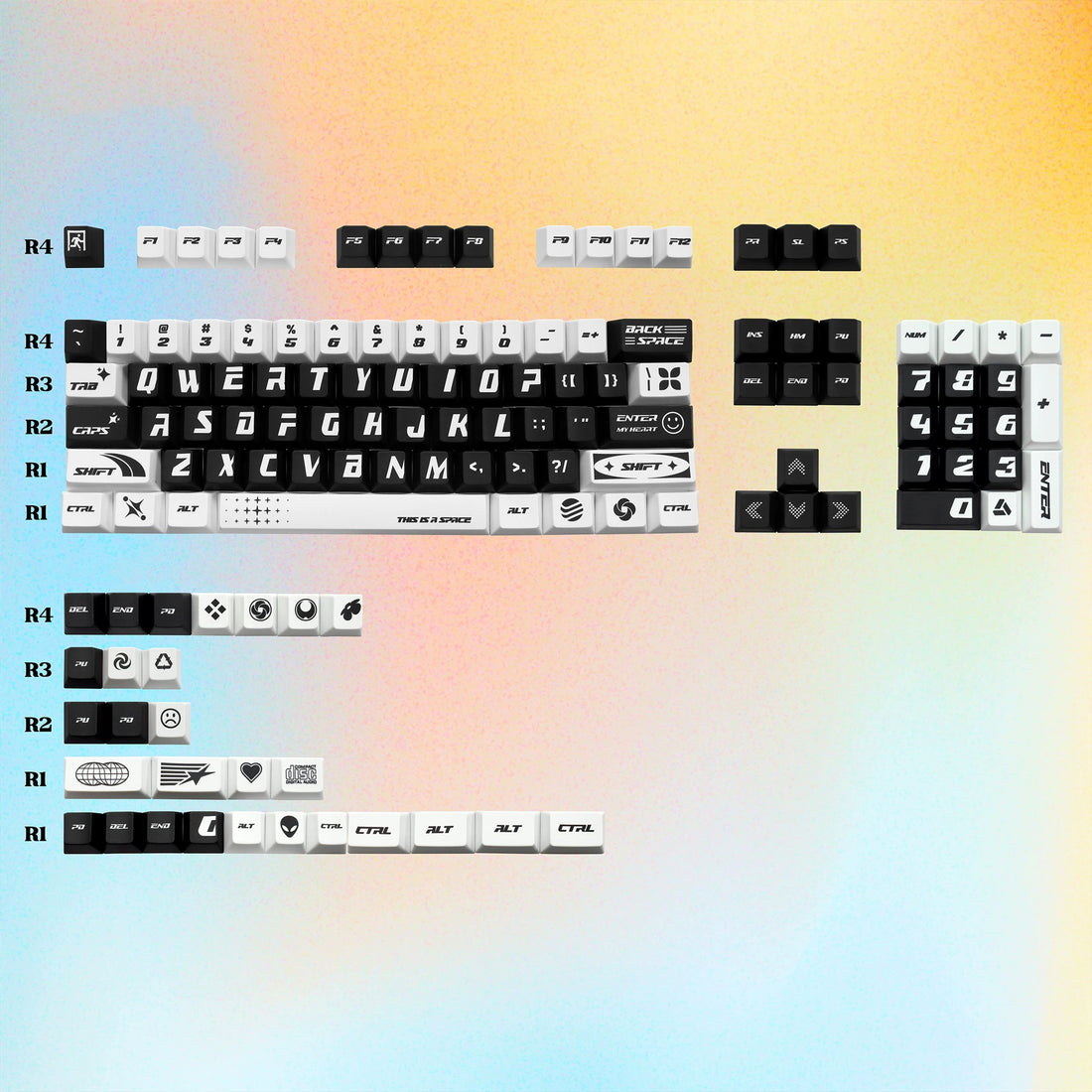 Black and white dream, black and white color scheme PBT material personalized keycaps, mechanical keyboard replacement keycap set, anime and game cultural and creative keycaps set, Compatible with 61/64/68/75/84/87/104 Key Mechanical Keyboard Keycap Set