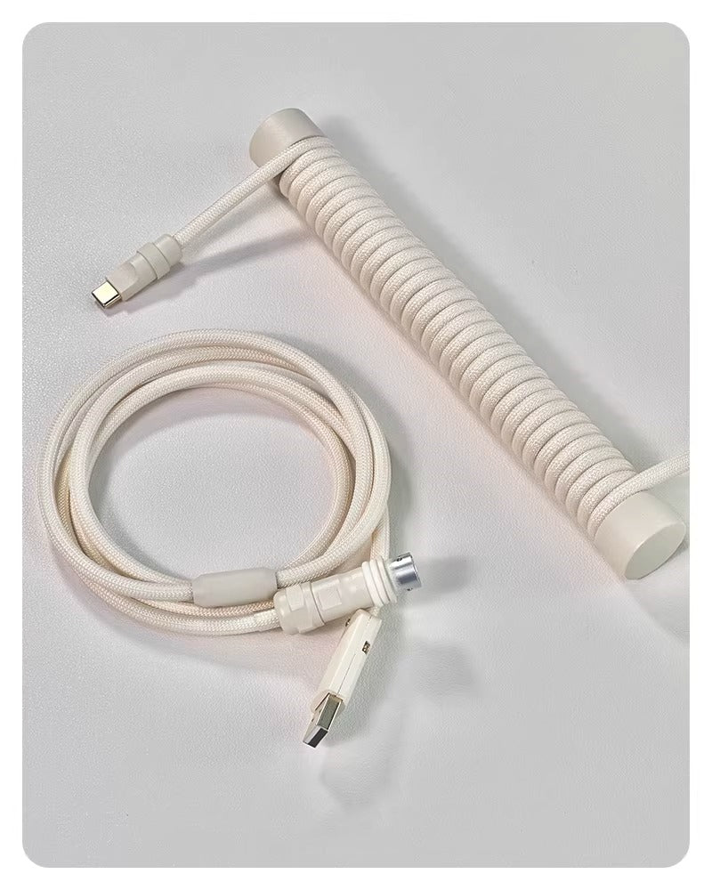 Ivory white handmade custom keyboard 1.5M aviation plug spiral data cable, overall white hardware white