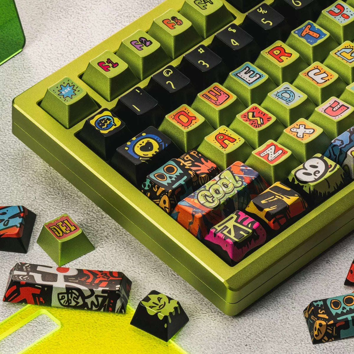 Original Design Street Graffiti Large Font metallic paint texture PBT material personalized keycaps, mechanical keyboard replacement keycap set, Compatible with 61/64/68/75/84/87/104 Key Mechanical Keyboard Keycap Set