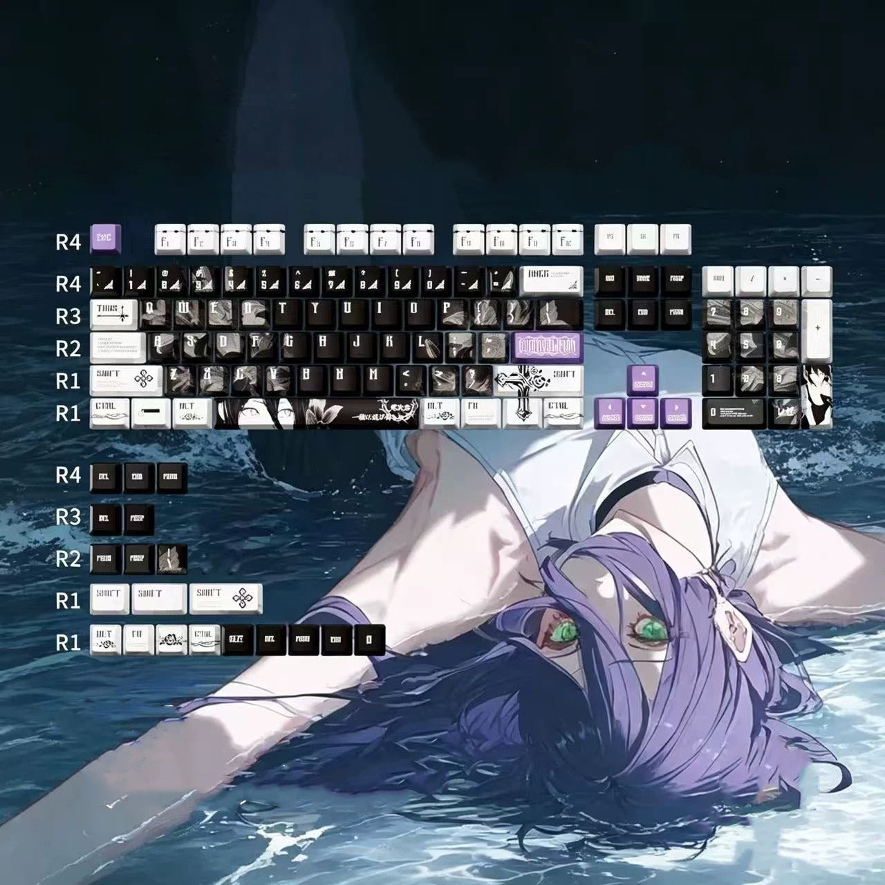 Chainsaw Man theme, Reze Arc，PBT+PC material personalized keycap set, anime keycap culture peripheral mechanical keyboard decoration keycaps， Compatible with 61/64/68/75/84/87/104 key mechanical keyboard keycap set