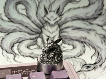 Nine Tailed Fox, made of 925 sterling silver, metal personalized keycaps, designed with mythical ancient mythical animal images, mechanical keyboard decoration keycaps
