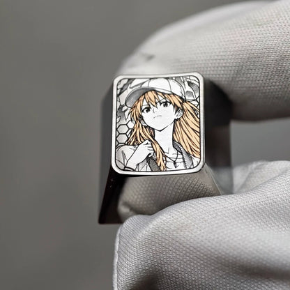 EVA， Asuka wearing a hat 1 U titanium alloy personalized keycaps, anime and game cultural creative keycaps, mechanical keyboard decorative keycaps
