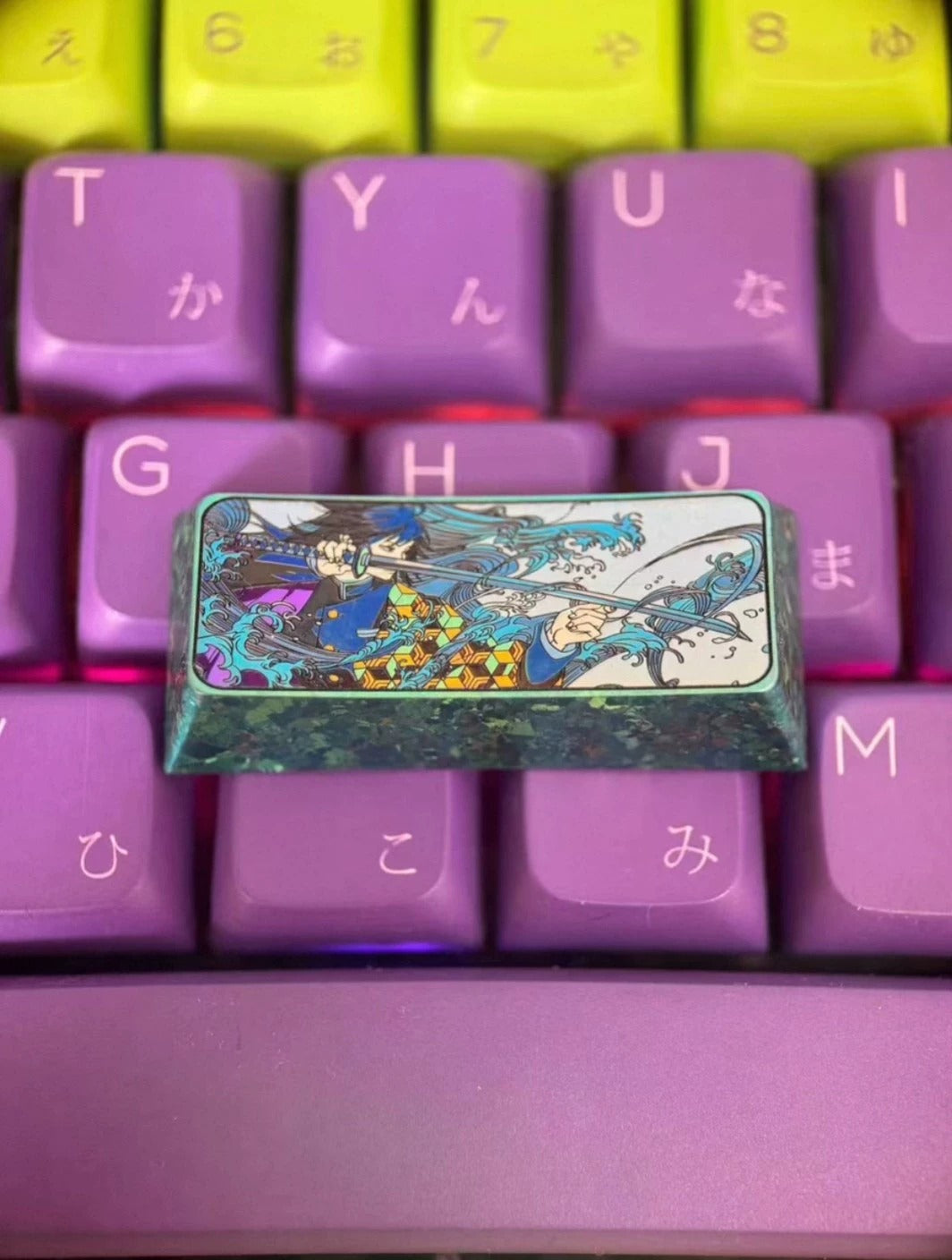 Demon Slayer: Kimetsu no Yaiba，Tomioka Giyuu，2.25U Titanium alloy personalized keycaps, anime and game cultural creative keycaps, mechanical keyboard decorative keycaps
