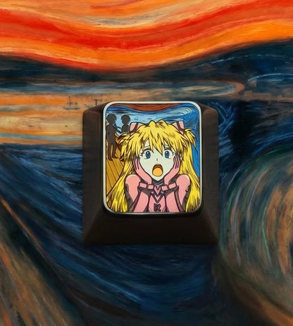 EVA, Asuka/Ayanami Rei，The Scream, 1U titanium alloy metal personalized keycaps, anime oil painting cultural creative keycaps, mechanical keyboard artistic decorative keycaps