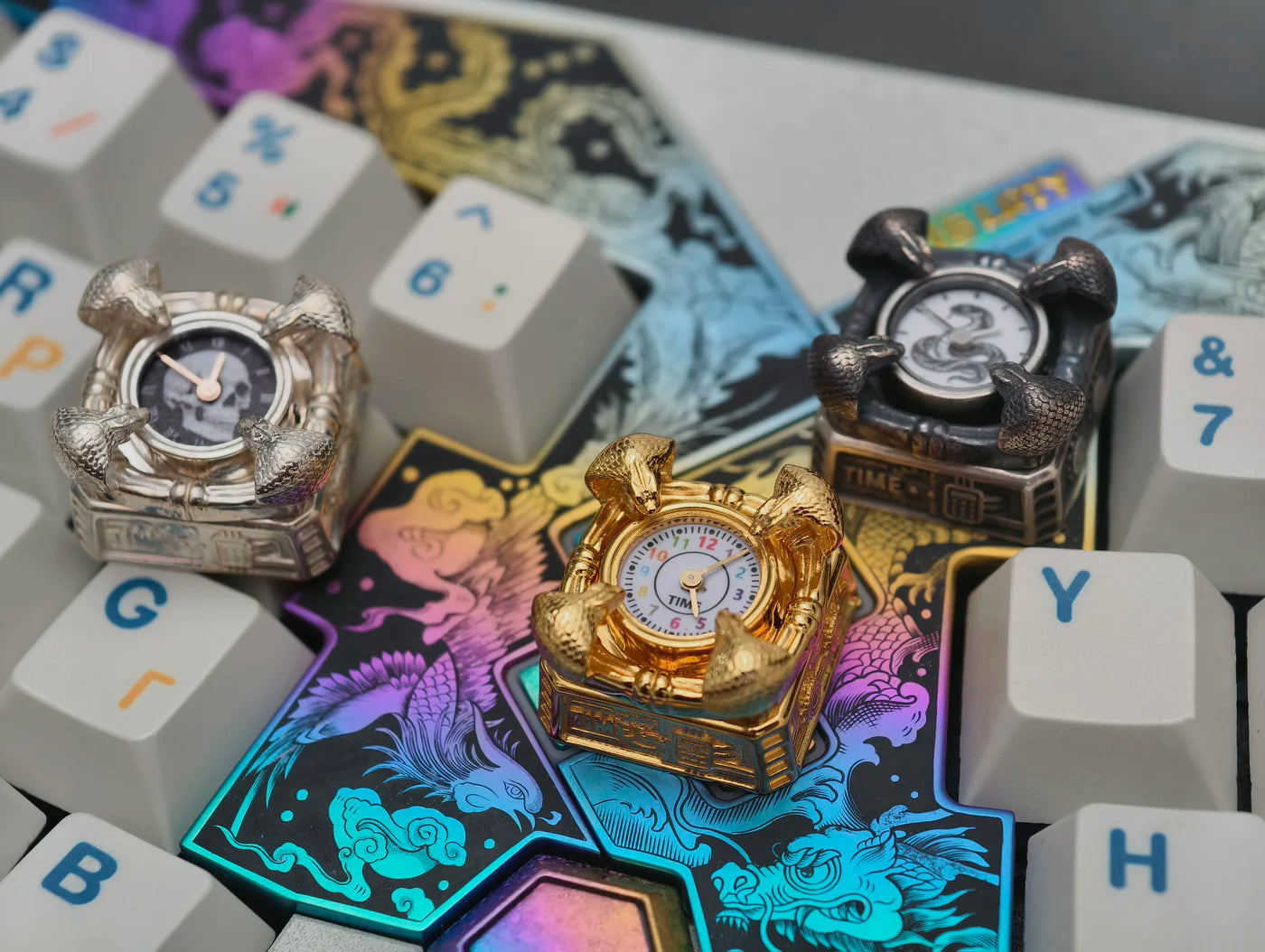 Time in Wonders， Pure silver material metal personalized keycap, quartz clock dial can work normally, creative art decoration keycap