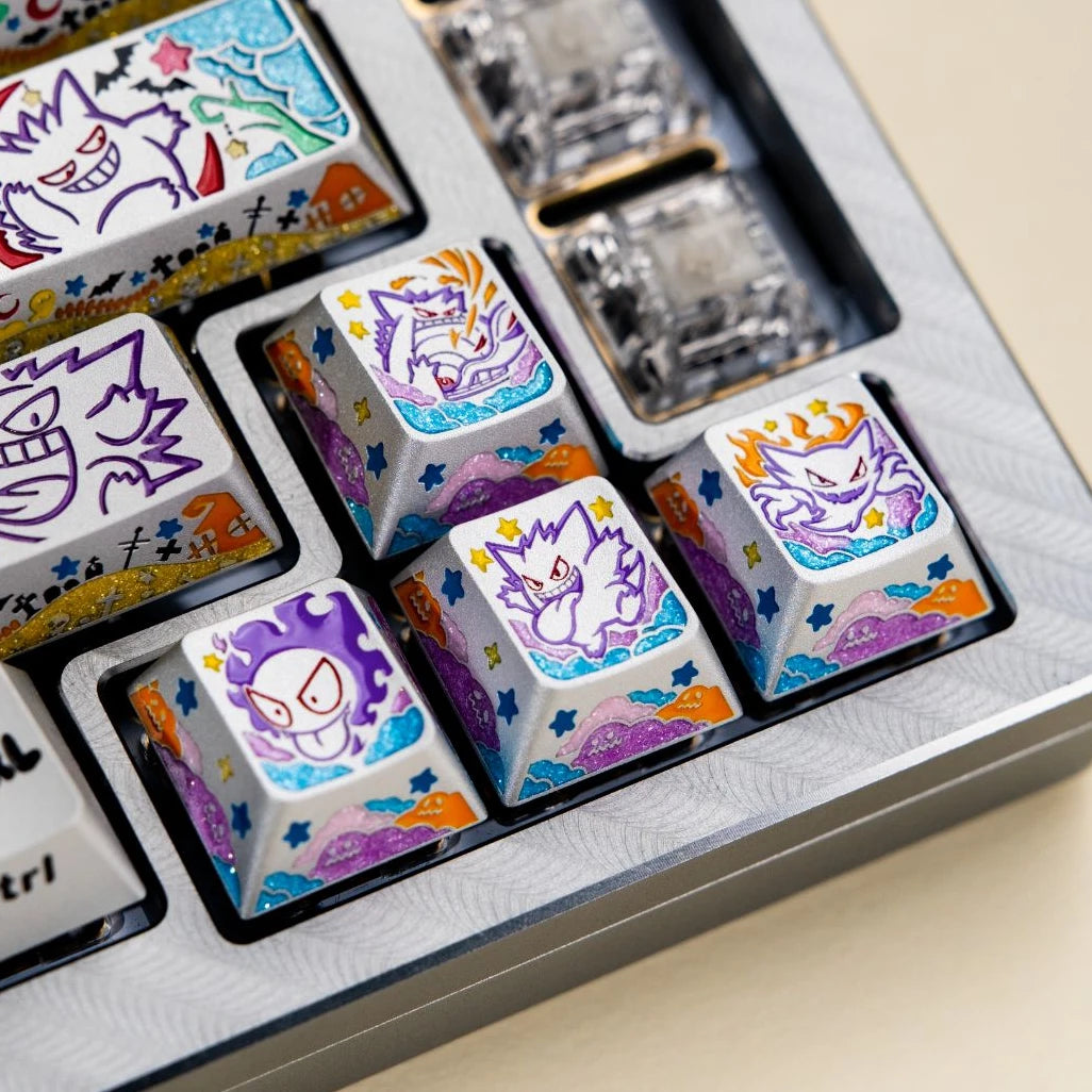 Pok é mon series, gengar themed design, keycaps made of aluminum alloy material CNC integrated precision machining personalized keycaps, mechanical keyboard decorative keycaps